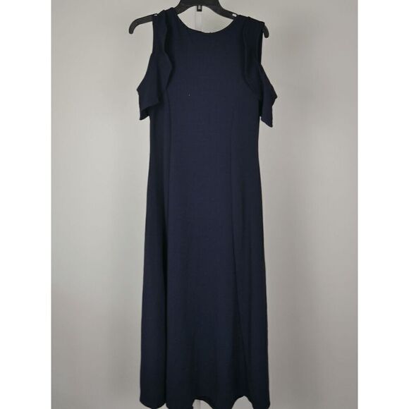 24Seven Comfort Apparel Women's Blue Ruffle Cold Shoulder A-Line Formal Dress L - Picture 2 of 8